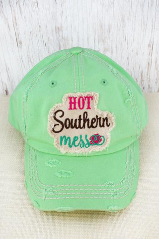 Green Distressed ' Hot Southern Mess' Hat