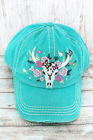 DISTRESSED TURQUOISE FLORAL STEER CAP