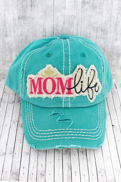 Turquoise Distressed 'Mom Life' Hat