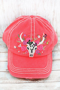 Red Distressed Floral Steer Hat