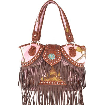 Camouflage Western Handbag With Concho And Fringe-Brown